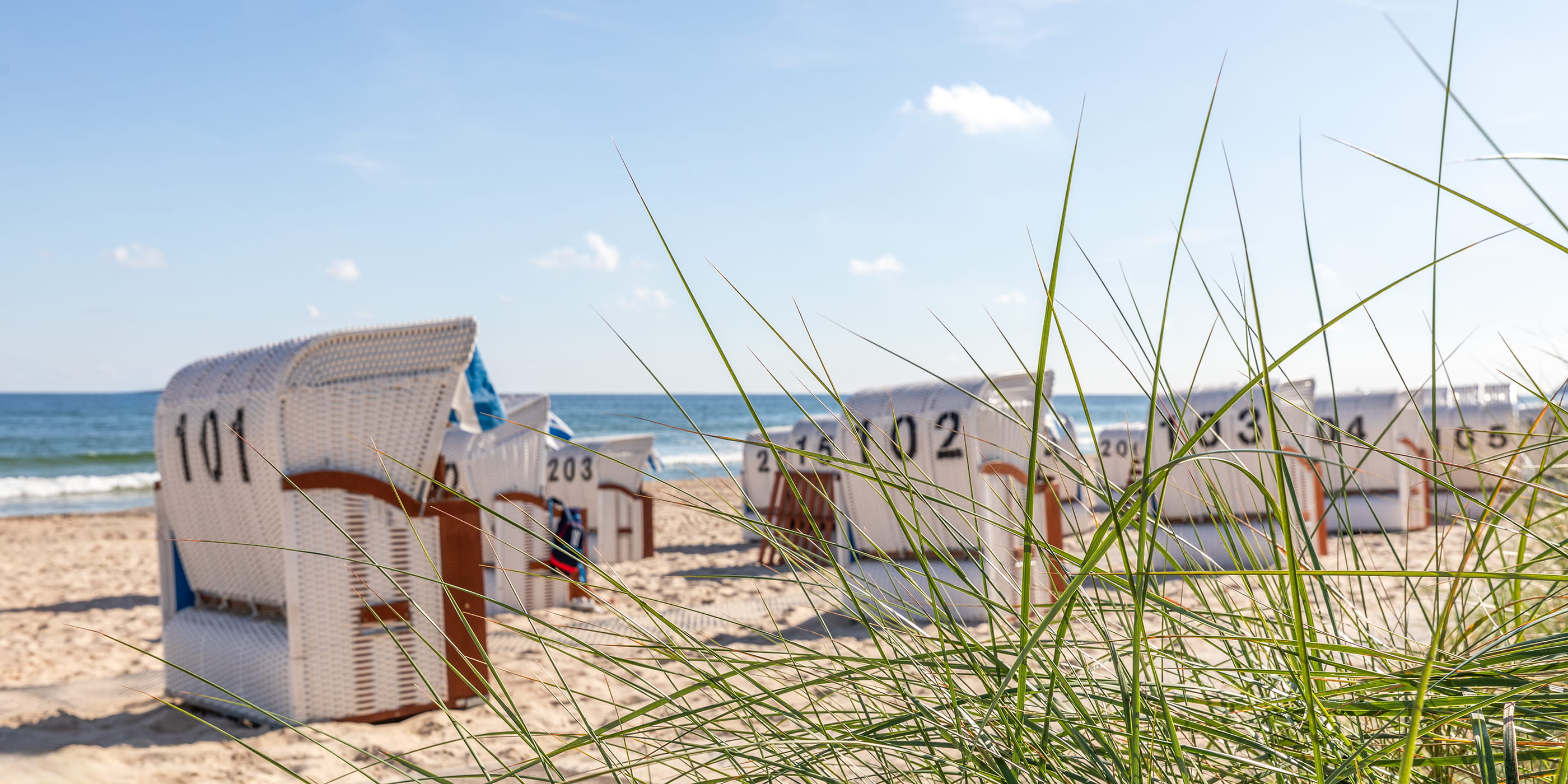Sandstrand auf Rügen an der Ostsee mit Strandkörben und Meerblick